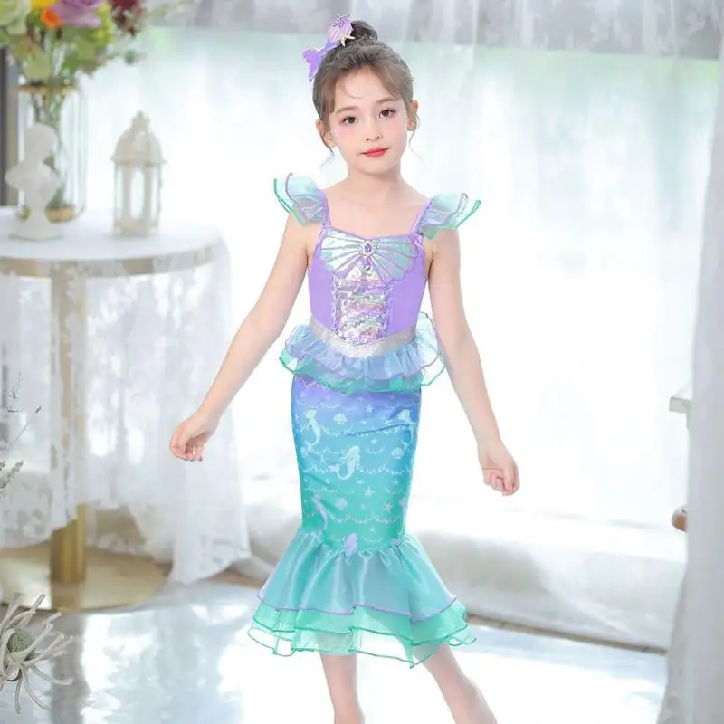 Saia de Princesa Sereia Nova de Primavera para Meninas, Vestido Elegante com Estampa de Cauda de Sereia, Estilo Fada