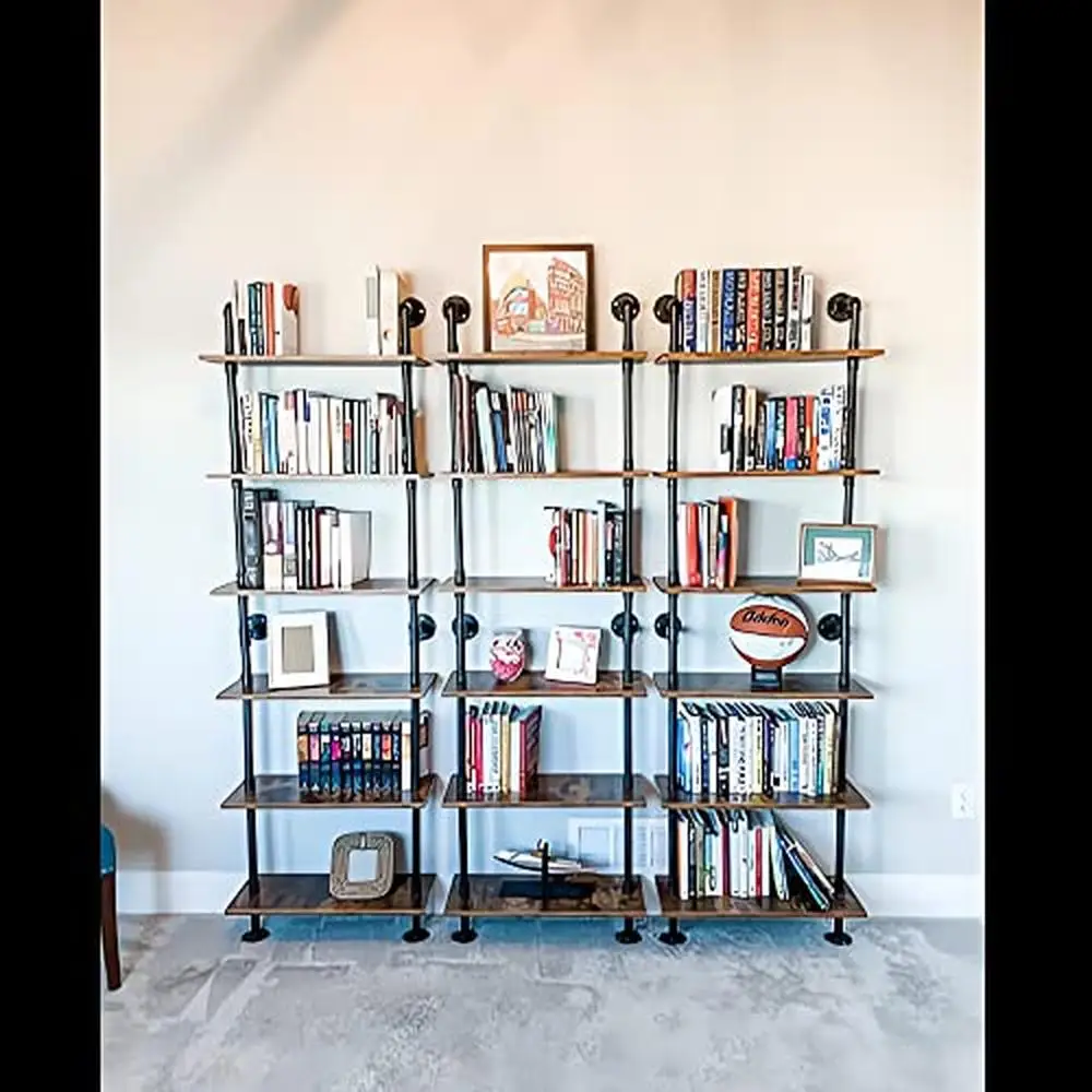 6-Tier Wall Mounted Pipe Shelves Bookcase Office Bedroom Industrial Pipe Shelving with Metal Frame Multifunctional Storage Shelf