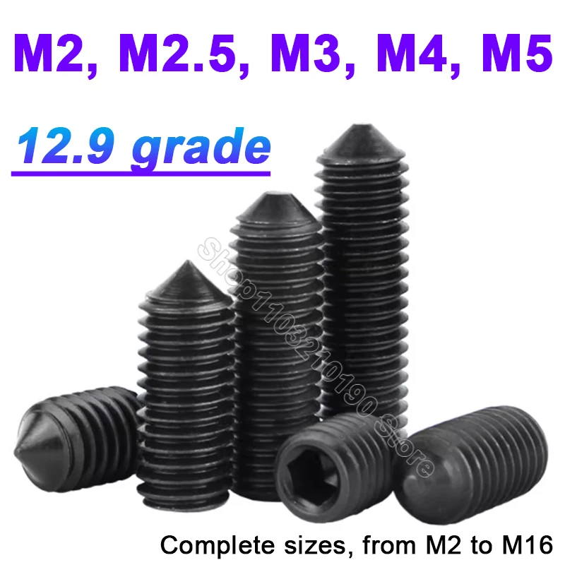 10-100pc Grade 12.9 Black Hex Hexagon Socket Set Screw Cone Point Grub Screw M2 M2.5 M3 M4 M5 Allen Head Tapered End Bolt DIN914