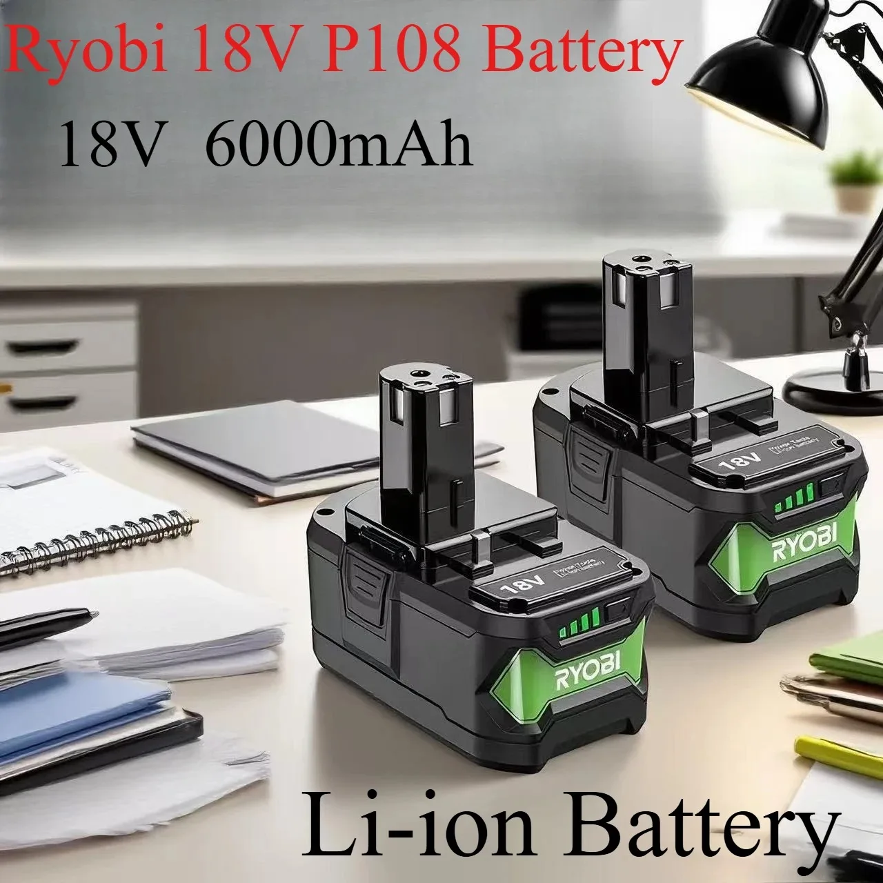 

High grade Ryobi R18L20 High Capacity Battery,Replacement 18V 6Ah Chargeable Lithium Battery P107 P108 P103 Cordless Power Tool