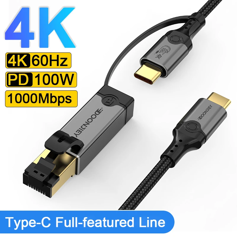 USB3.2 Full-featured Data Cable Type C to RJ45 Gigabit Network Converter PD 100W Charging 20Gbps 4K Video Line For Laptop Tablet