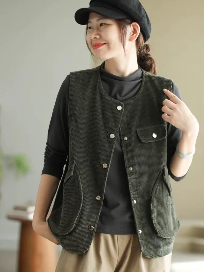 Gilet en velours côtelé pour femmes, vêtements d'extérieur tendance, haut de gamme, haut rond, bouton unique, nouvelle collection automne 2025