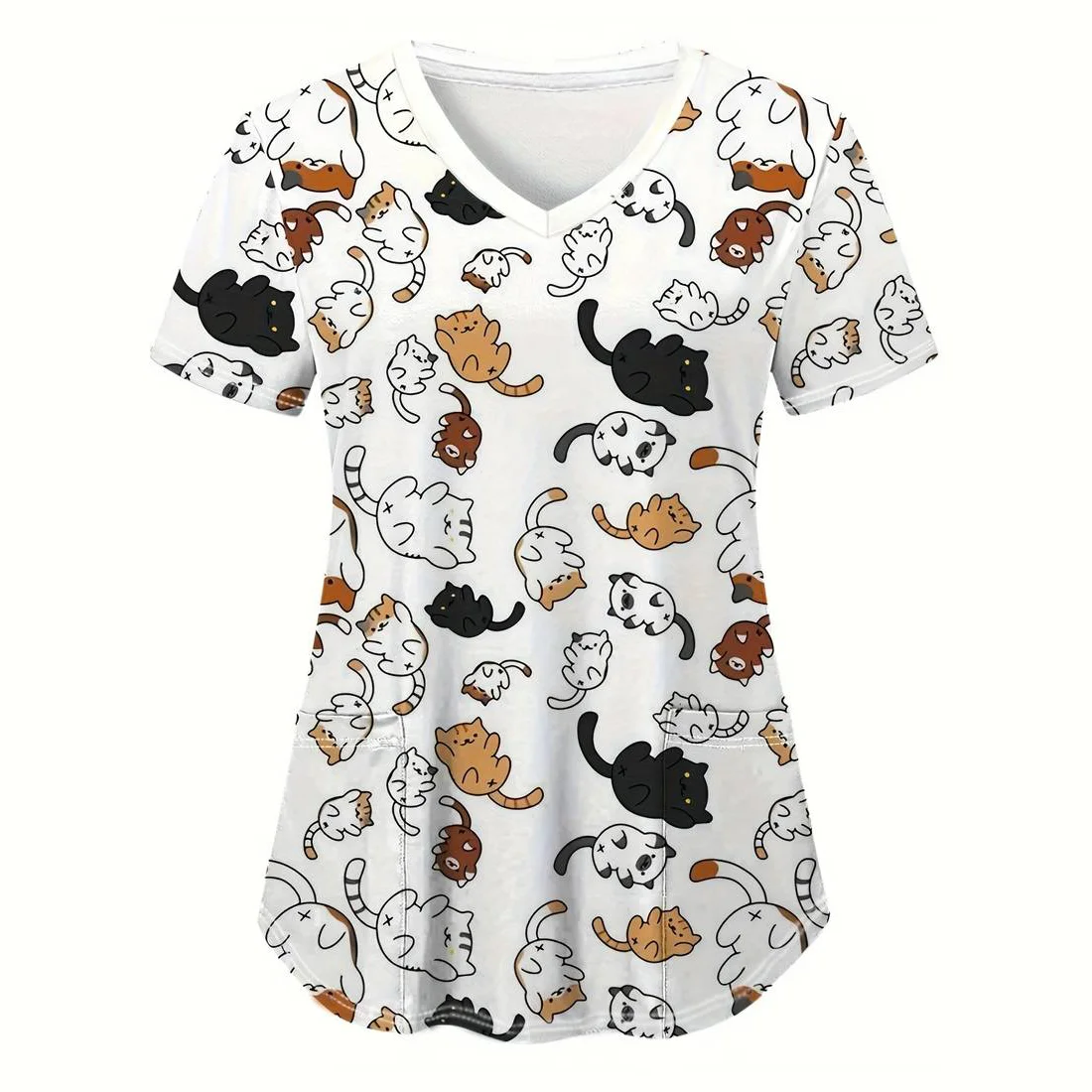 Uniforme de enfermagem para mulheres, desenho animado de gato, Pet Nursing Tops, camiseta com decote em v, manga curta, uniformes médicos, moda fofa