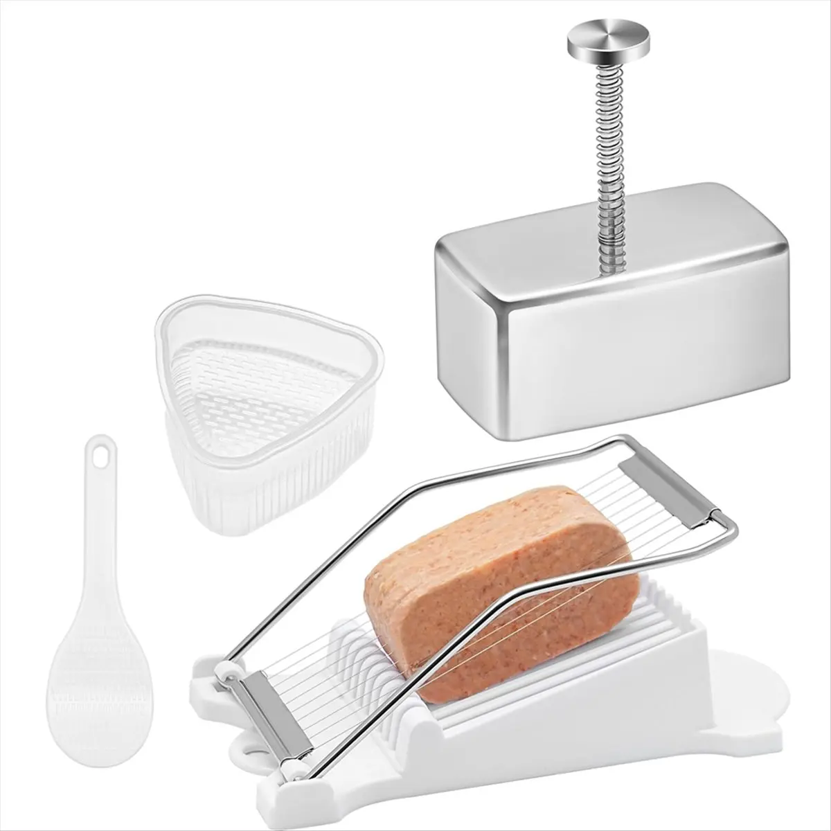 AA14 Onigiri Mold Set Stainless Steel Musubi Mold with Slicer and Triangle Rice Ball Mold and Rice Spoon Musubi Press Mold