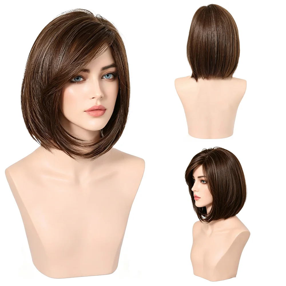 10Inch Natural Brown Layered Short Bob Wig With Side Bangs Heat Resistant Synthetic Hair For Women Daily Halloween Party Costume