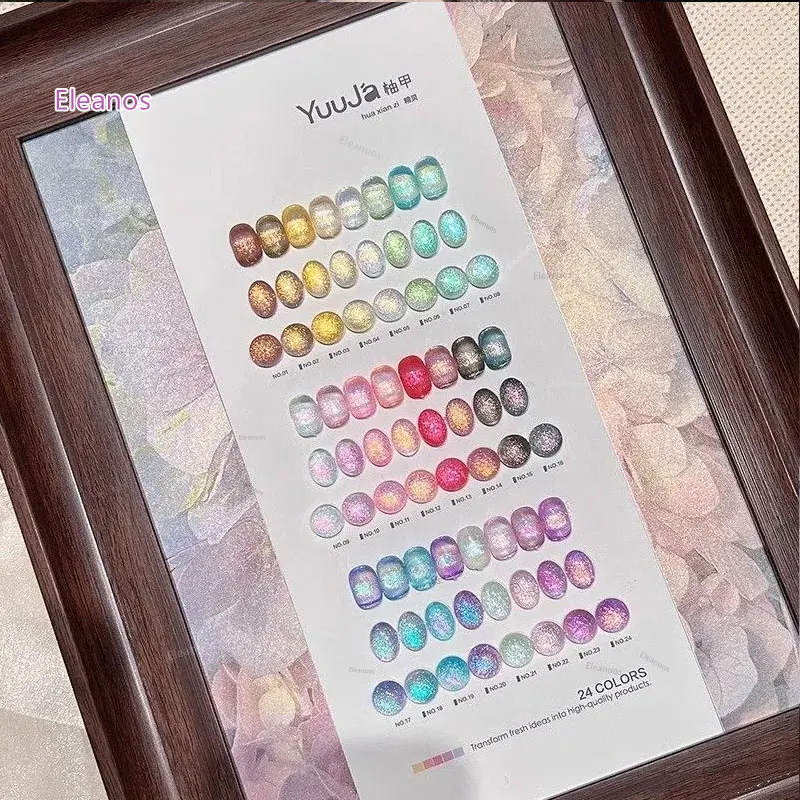 Eleanos Fairy Glitter 24 szt. Lakier do paznokci kocie oko z kolorowym kartonikiem 15ml Żel magnetyczny półtrwały Soak Off UV do salonu paznokci