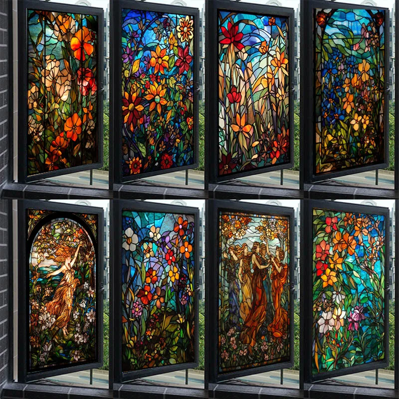 

Stained Glass Church Blackout Glass Film Waterproof Sunscreen Window Removal Door Electrostatic Frosted Flower Sticker