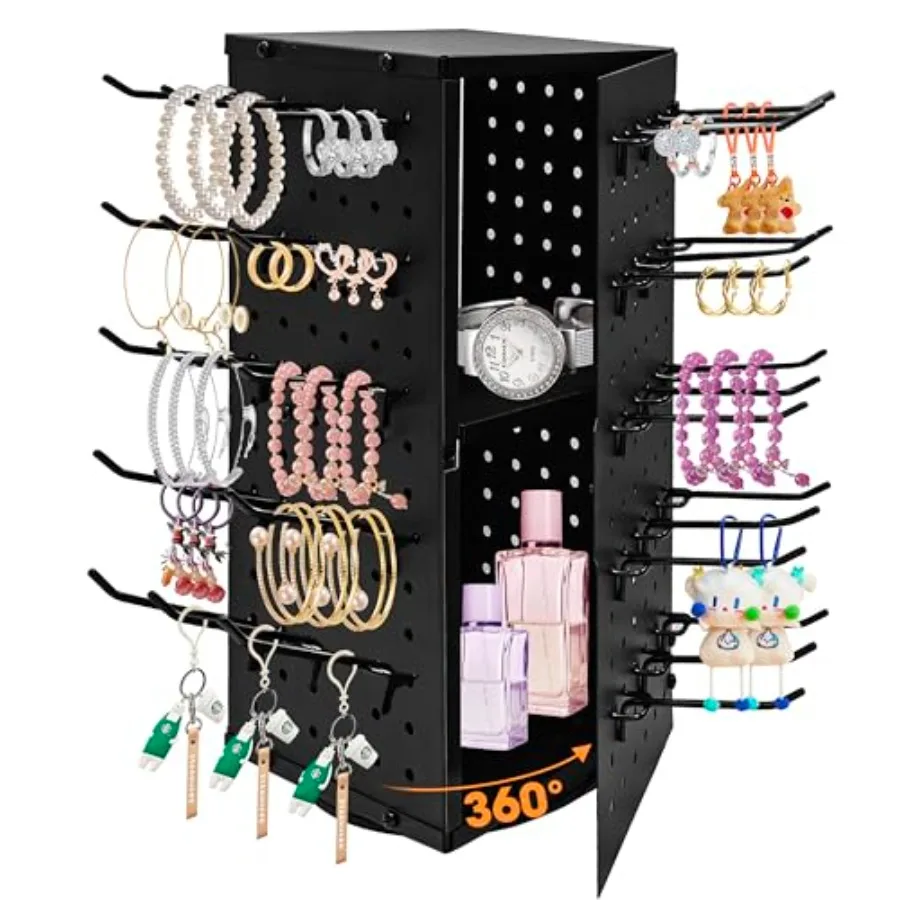 

360° Rotating Pegboard Display Stand with 60 Hooks and Inner Storage Compartments - Metal Peg Board Keychain Jewelry Display St