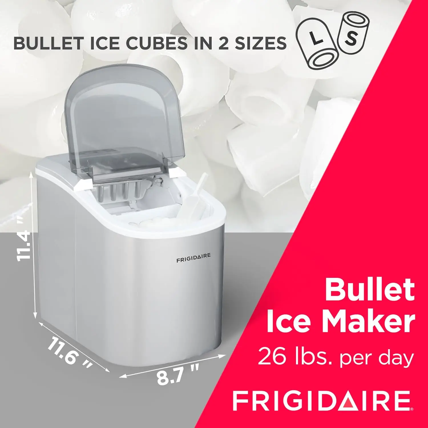 EFIC189, Countertop Ice Maker with Transparent Window, Bullet Ice Maker, 26 lbs.Small Ice Maker Machine USA