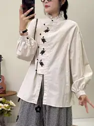 Mori kei clothing Japanese retro long sleeve stand collar black flowers embroider shirts and blouses cotton large size tops