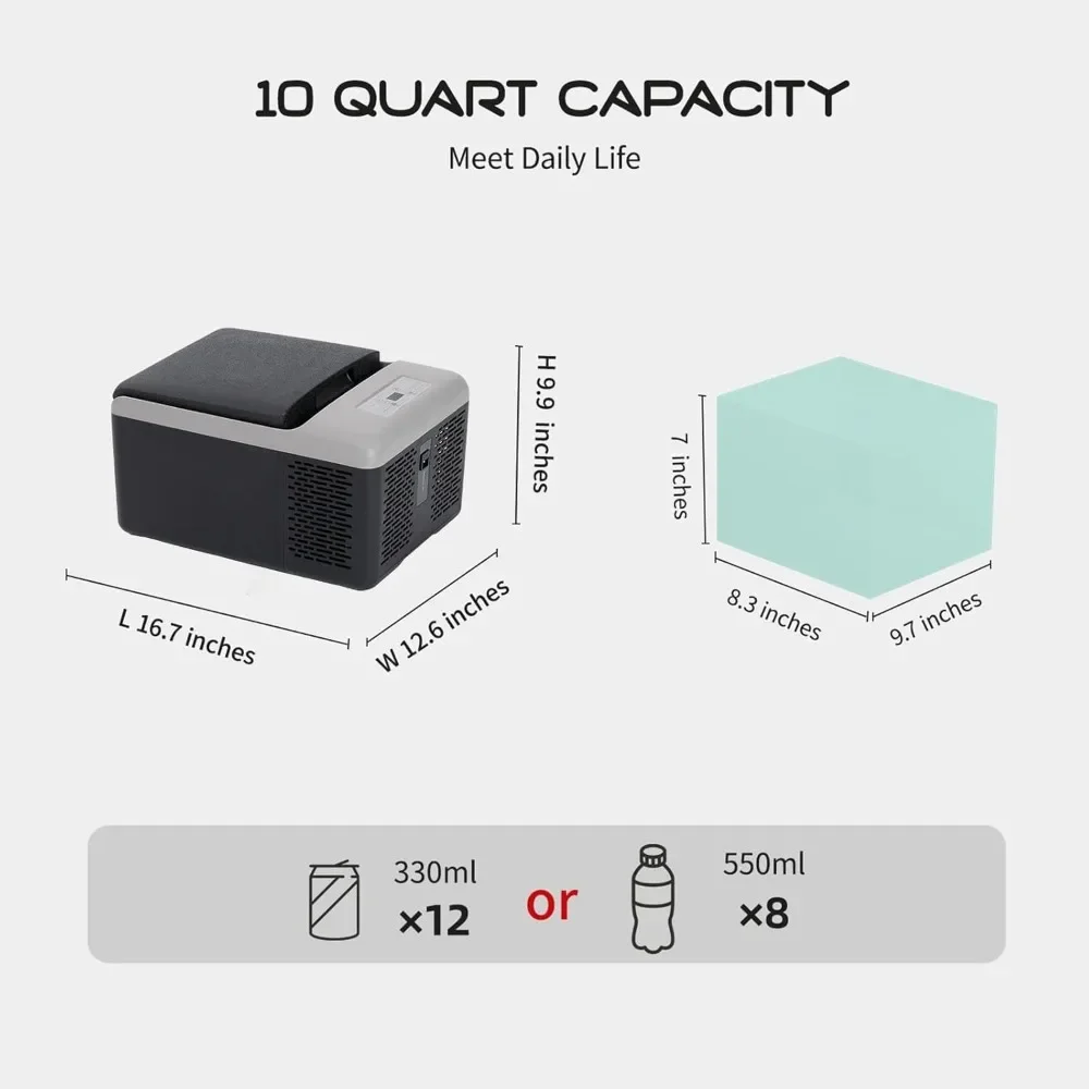 12V car refrigerator, 10 quarts quick cooling, with 12/24V DC and 100-240V AC, suitable for outdoor and camping