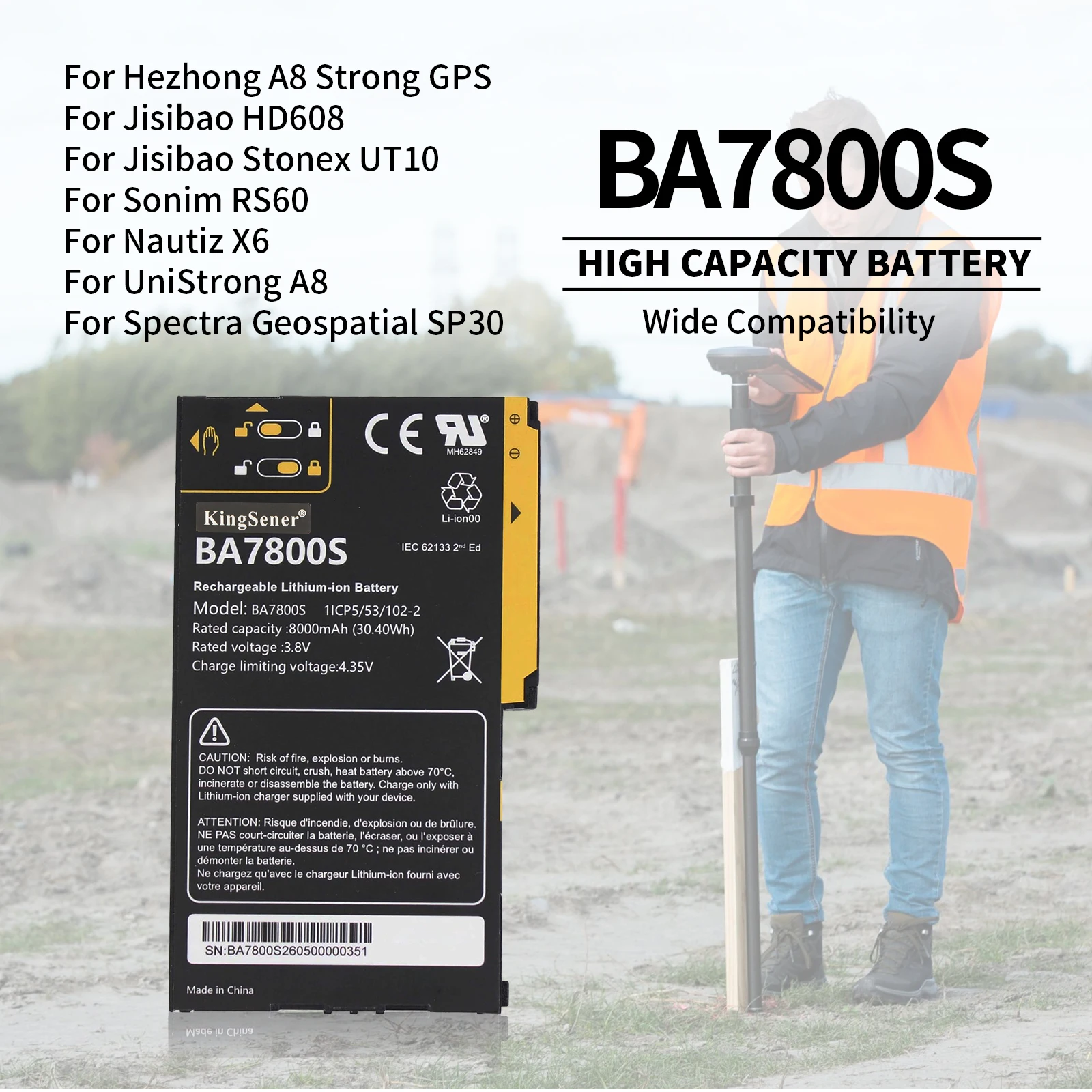 KingSener Battery BA7800 8000mAh 30.40Wh 3.8V Battery for Jisibao UT10 A8 Beidou Handheld GPS Batteries