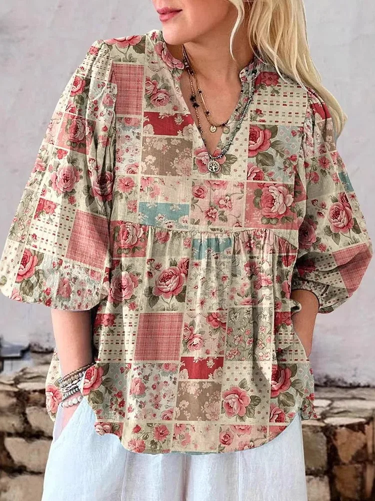 여성용 캐주얼 빈티지 프린트 셔츠 탑, 패션 V넥 퍼프 소매 풀오버 루즈핏 셔츠 탑, 레이디 봄 여름 신상 의류