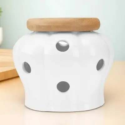 

Round Ceramics Storage Container Porcelain Garlic Keeper Bamboo Lid 12 Air Vents Kitchen Jar for Garlic Ginger Onion Storage