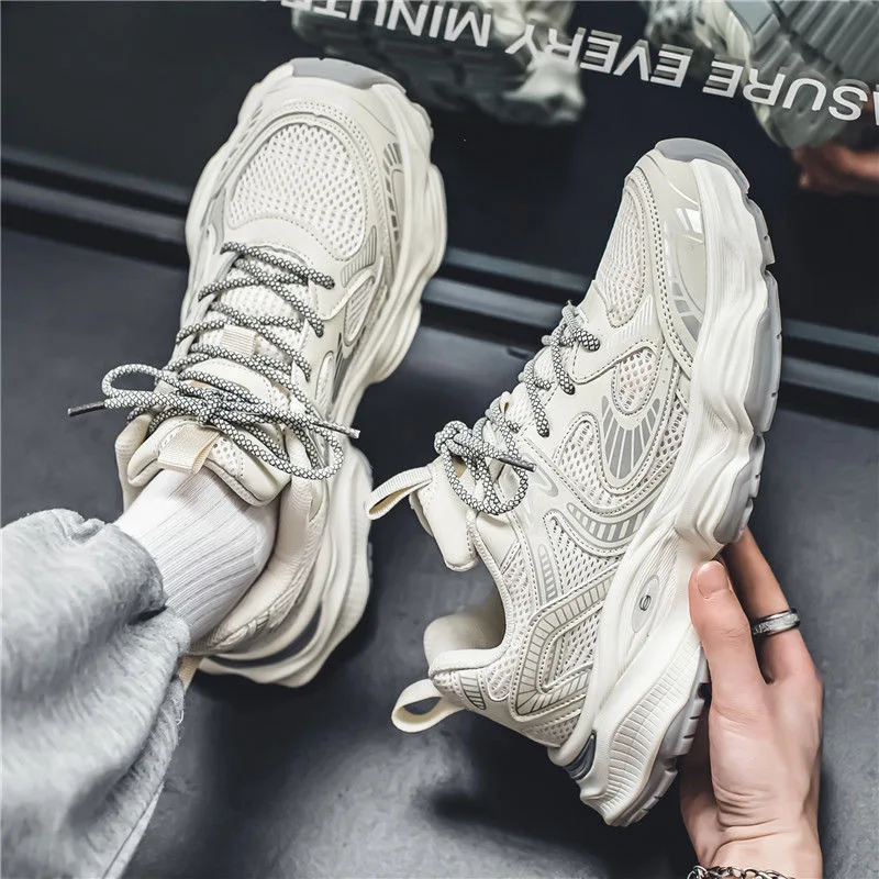 Men's Spring 2025 Breathable Mesh Sports Shoes Thick Bottom Casual Dad Shoes Comfortable All-Match Ankle Cover Rubber Sole