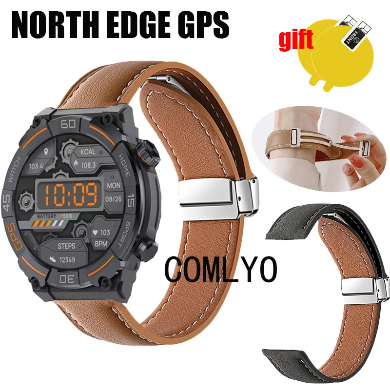 For NORTH EDGE GPS Strap Leather Genuine Folding Magnetic Buckle Soft Smart Watch men Band Screen protector film