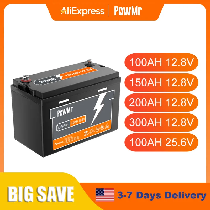 PowMr 100AH 150AH 200AH 300AH Lifepo4 Battery 12V 24V Battery Packs Solar Lithium Battery Rechargeable BMS Grade A 6000+ Cycle