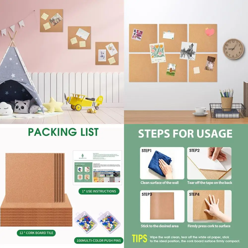Placas de Cortiça Grossas de 12x12 Polegadas com Adesivo, 100 Alfinetes Inclusos para DIY, Escritório, Escola e Uso Doméstico
