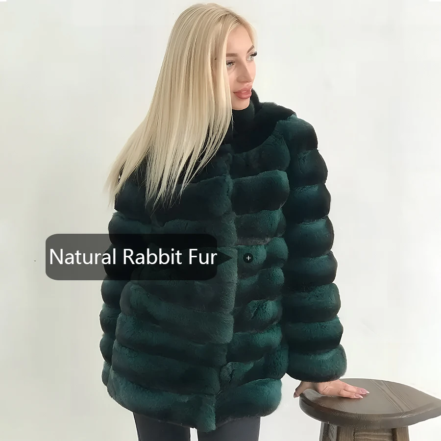 Chinchilla Rex Rabbit Fur Coat Women Rabbit Fur Jackets Winter Clothes Woman Luxury High Quality Real Fur Jacket