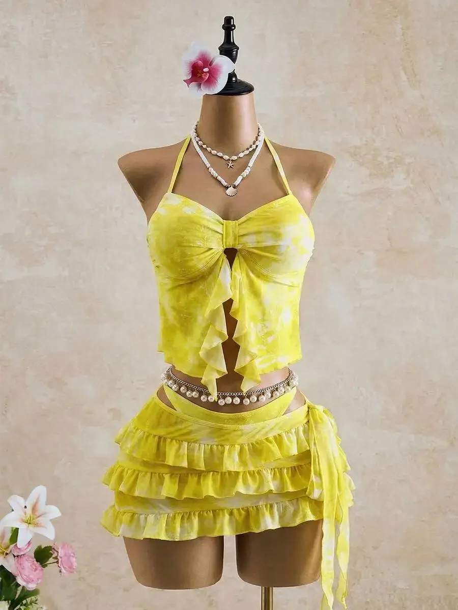 

Womens Tie-Dye Ruffle Halter Bikini Set With Skirt Cover Up
