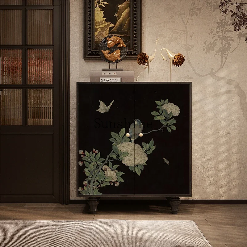 الزهور والطيور الصينية الرجعية تدخل الباب خزانة الأحذية الخشبية الصلبة خزانة جانبية للممر