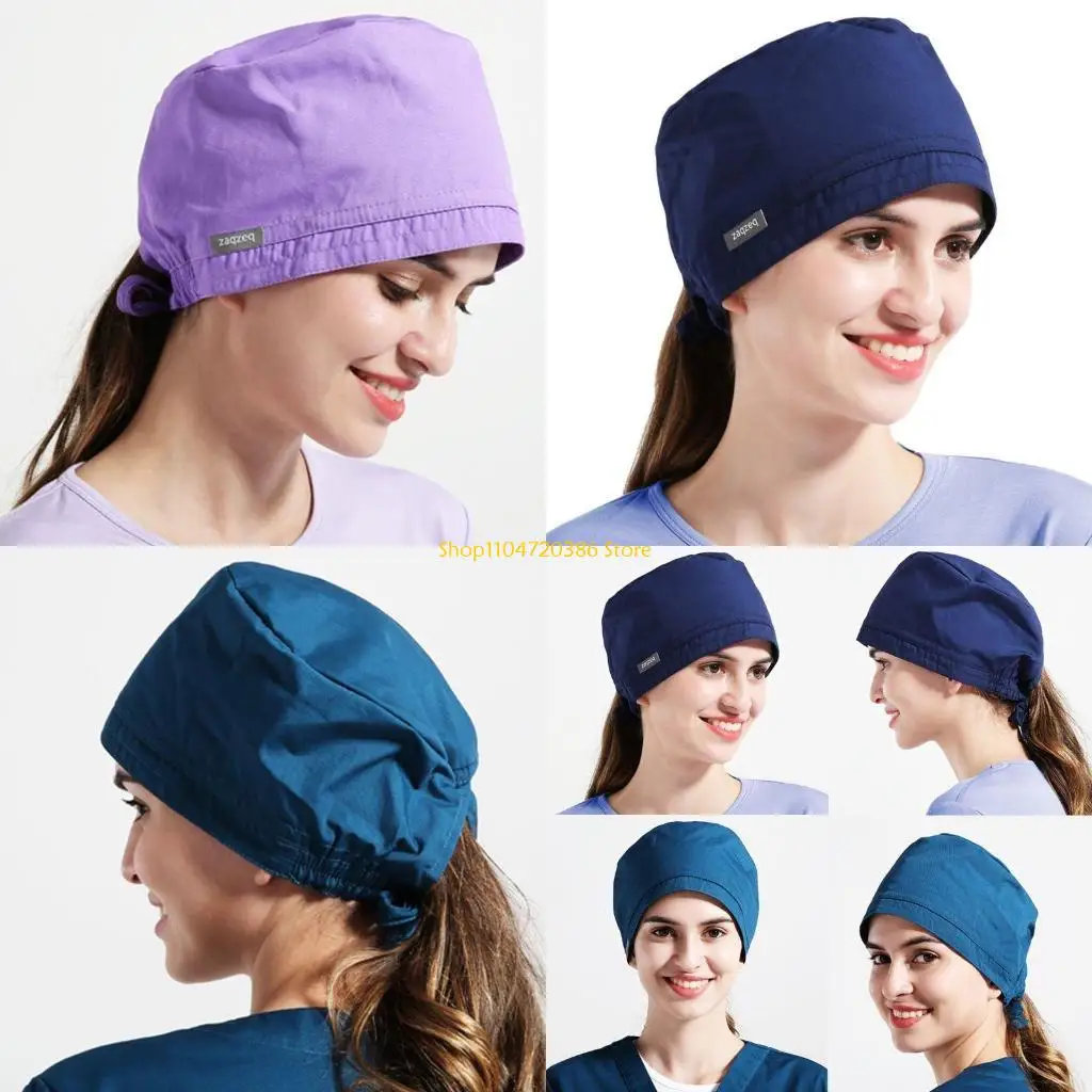 

K0EA Unisex Solid Color Scrub Hat Tie Back Sweatband Working Bouffant Cap