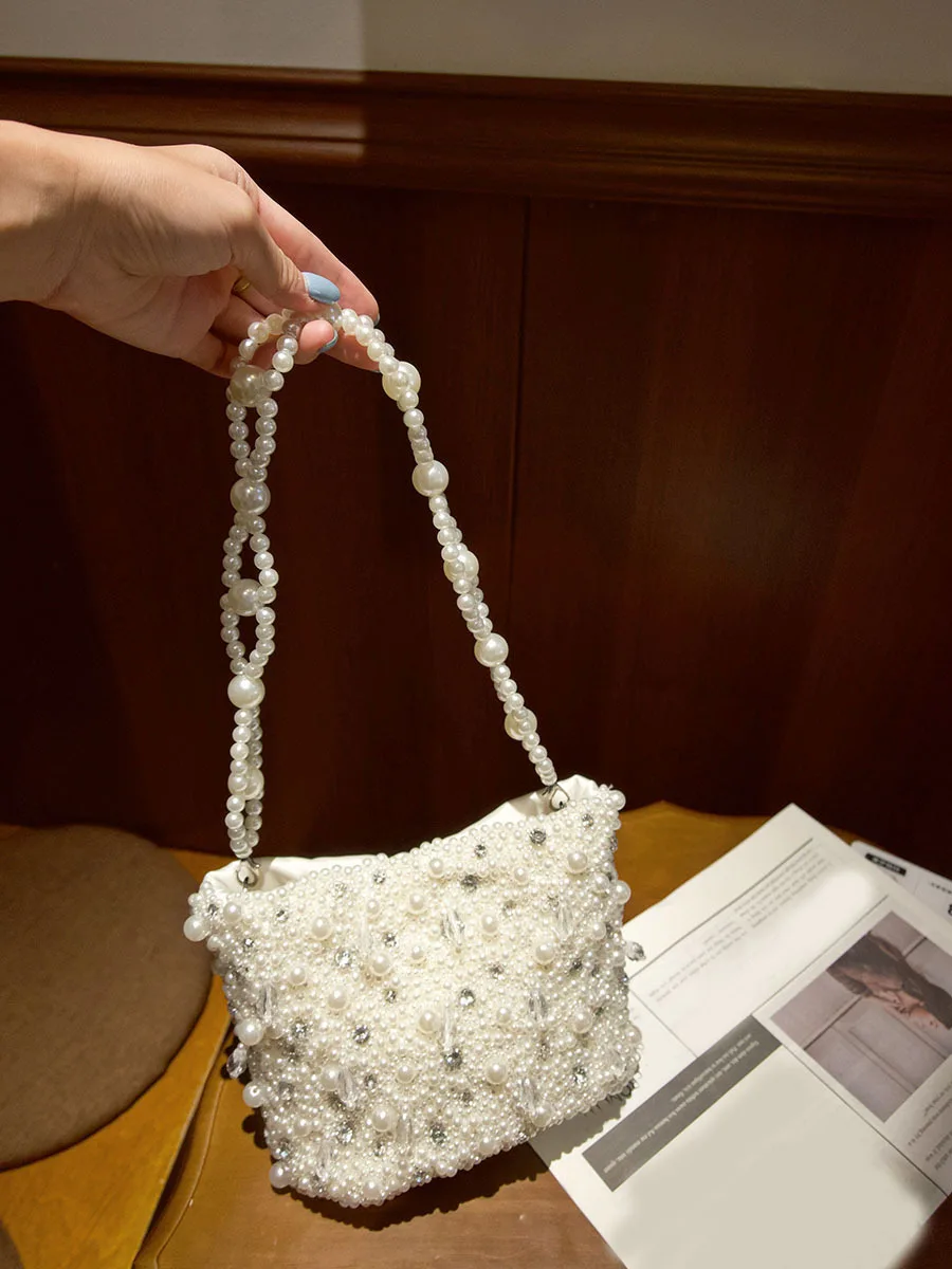 French Hollow Hand Carry Pearl Bag Celebrity Exquisite Small High Sense Diamond-Encrusted Hand-Woven Beaded Messenger Bag