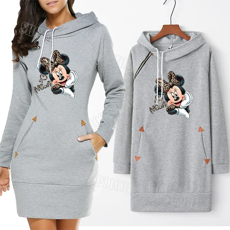 Disney Minnie Mouse Women Hoodies Dress Adult Casual Long Sleeve Pullover Dresses Anime Cute Printed Clothing New Hooded Clothes