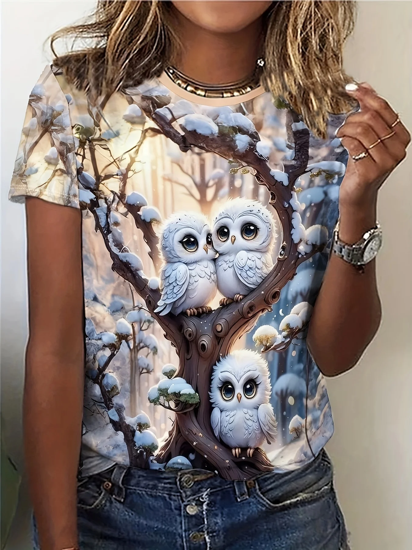 

Women's Tee - Cute Snow Owl Trio Winter Forest Graphic, Adorable Animal Design for Casual Daily Wear