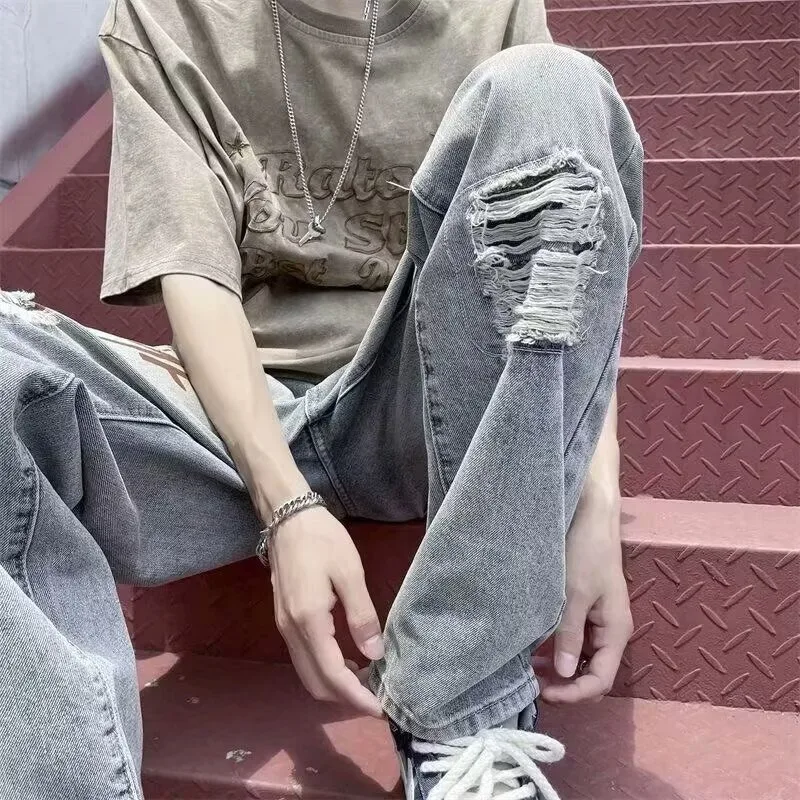 

Потертые потертые джинсы мужские весной и осенью, прямые брюки, свободного кроя и длинные брюки.