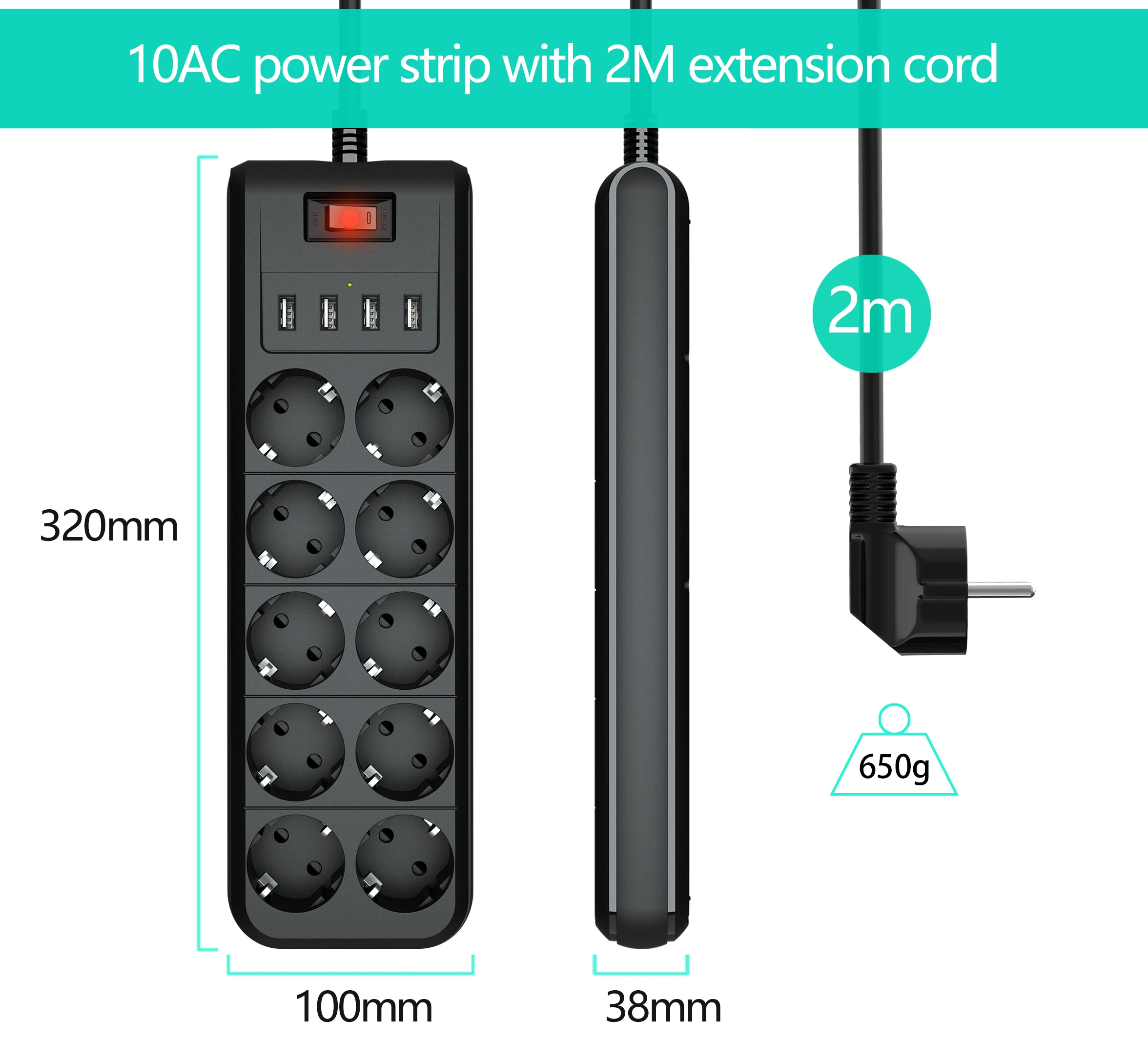 4000W 16A High Capacity Multi-Tap Outlet Multiprise Network Filter Extension Cable with Switch Button USB Electric Power Strip