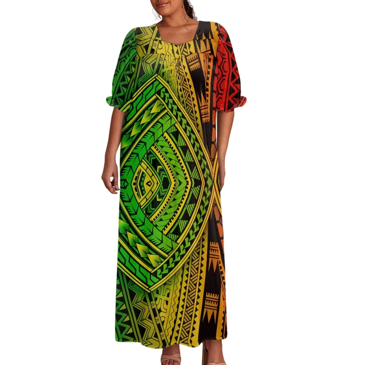

New Design Custom Plumeria Polynesian Design Micronesia Mumu Dress Vintage Square Neck Puff Sleeve Casual Dress