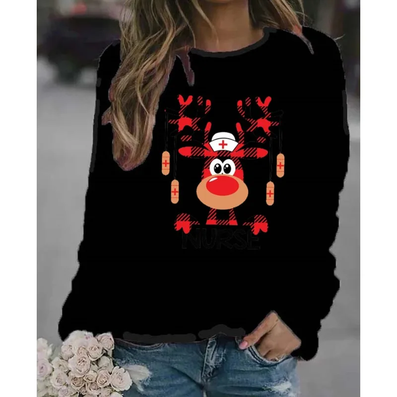 Women\'s Christmas Christmas Deer Print Long Sleeve Casual Fashion Hoodie Sweatshirts  Harajuku  Sweatshirt  Clothes