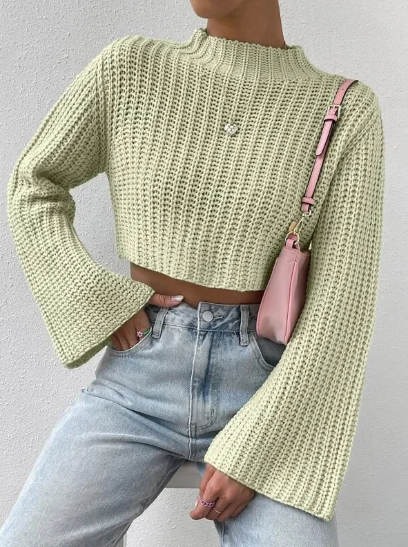 Sweater Women 2024 Autumn/Winter Solid Versatile High Waist Short Top with Horn Sleeve Half High Collar Long Sleeves Pullover