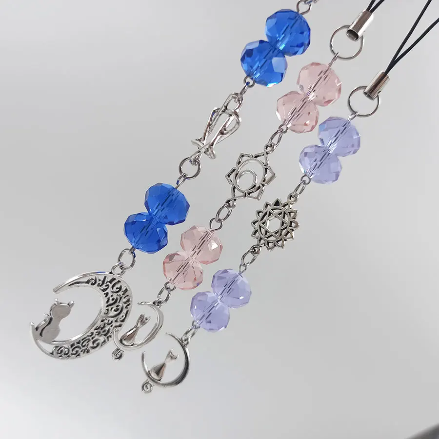 Cute Cat Phone Chain Strap Metal Moon Star Sun with Purple Pink Blue Beads Handmade Pendant Case Key Bag Accessories