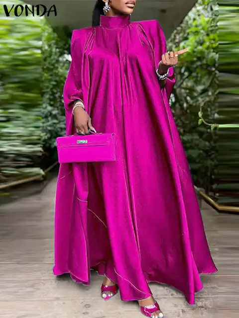 Plus Size 5XL VONDA Women Stand Collar Elegant Satin Dress Long Bat Sleeve Evening Pleated Maxi Sundress Casual Solid Party Robe