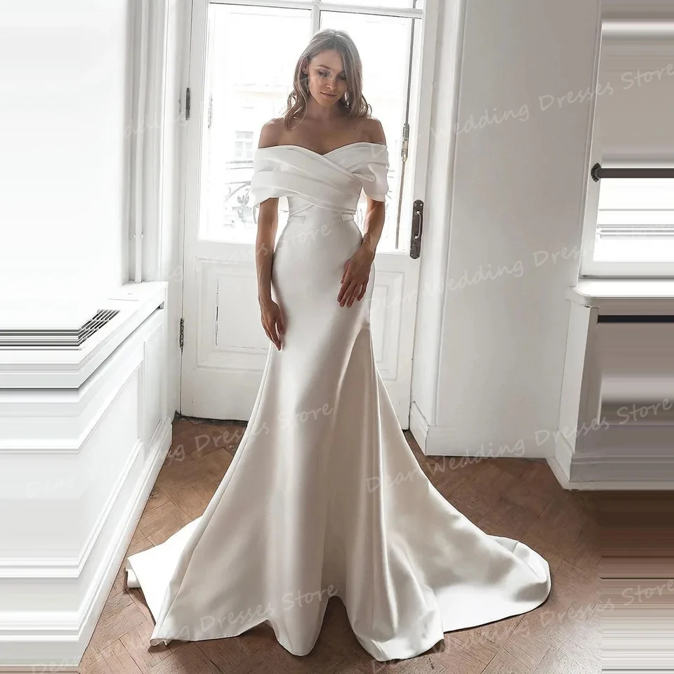 Modern Mermaid Wedding Dresses Off Shoulder Sexy Sweep Train Women's Bridal Gowns Backless Sleeveless Smooth Satin Vestidos 2024