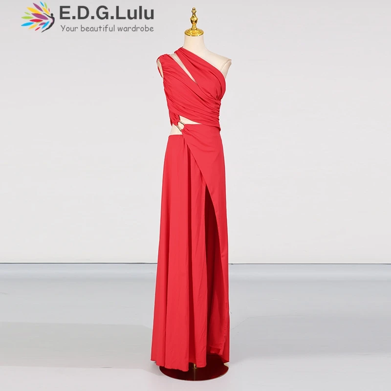 EDGLuLu Luxury Brands Woman 2026 High Quality Slanted Collar One Shoulder Dress High Waist Hollow High Slit Red Long Dress 0630