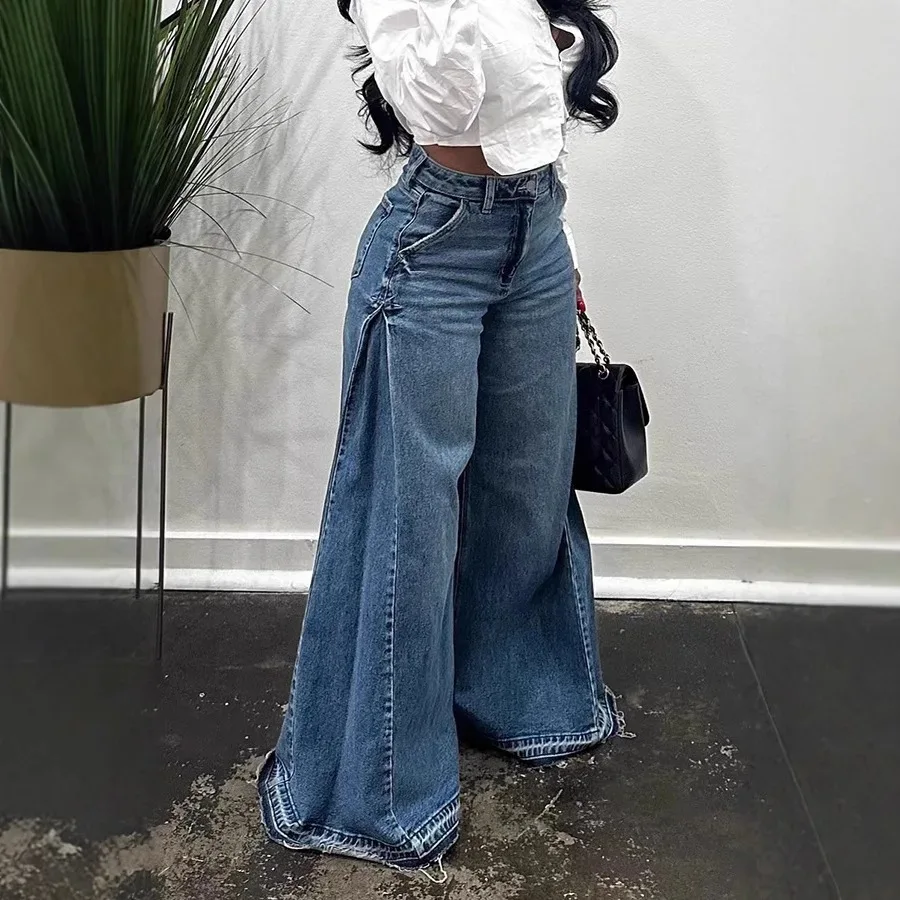 Deeptown Blue Washed Women Flared Jeans Harajuku Y2k Oversized Wide Leg Spliced Tassel Denim Pants Baggy American Retro Trousers