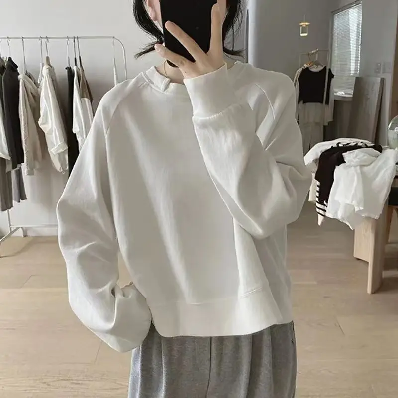 Sweatshirts Women Pure Color Simple O-neck All-match Casual Students Harajuku Spring Cute Loose Daily Ins Cropped Trendy Campus