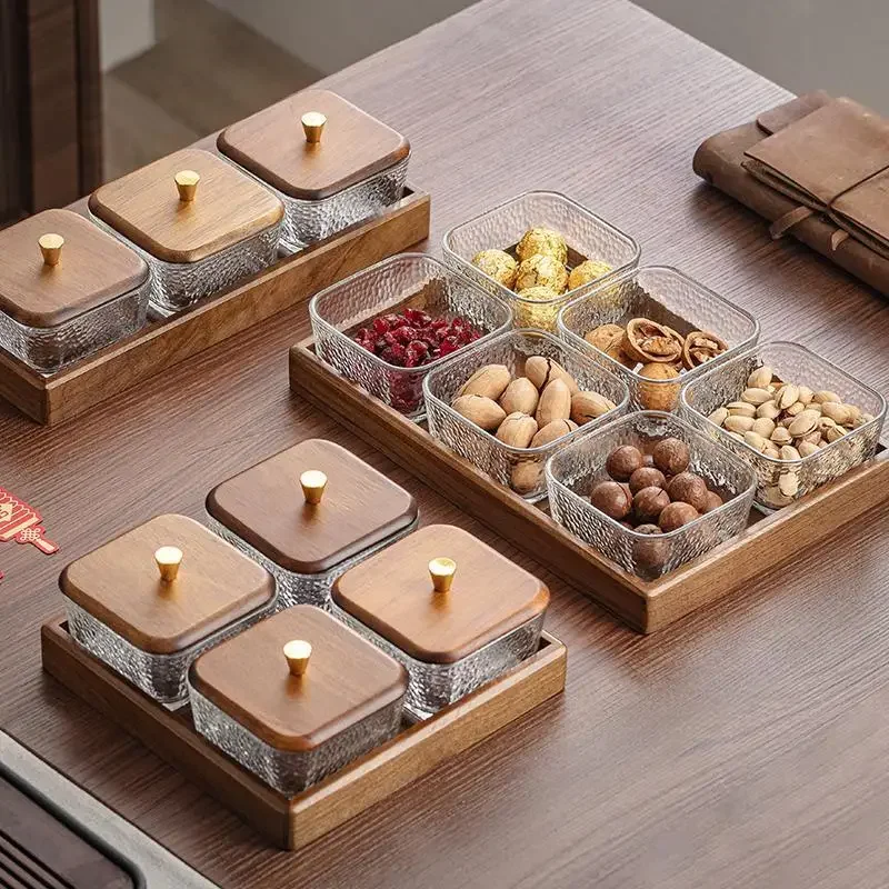 High-grade Solid Wood Glass Fruit Tray Bowl Household Living Room Tea Table Points Snack Candy Dry Fruit Tray Snack Nut Box