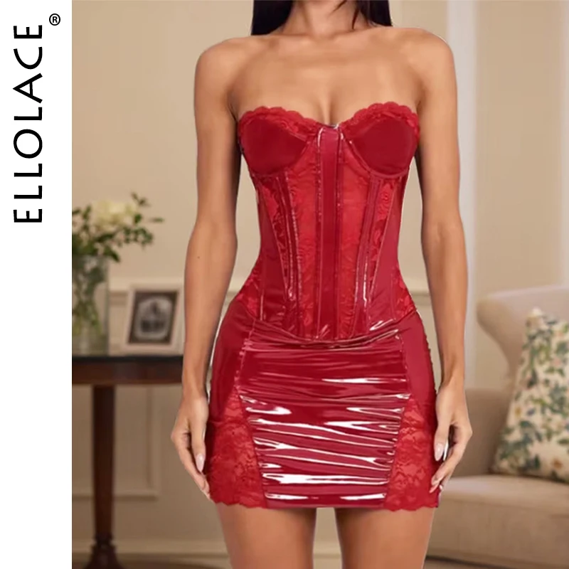 Ellolace Tempted Lingeries Fashion Strapless Leather Mesh Patchwork Mini Dress Thong 2PC Fantastic Clubwear Chic Girls' Outfits