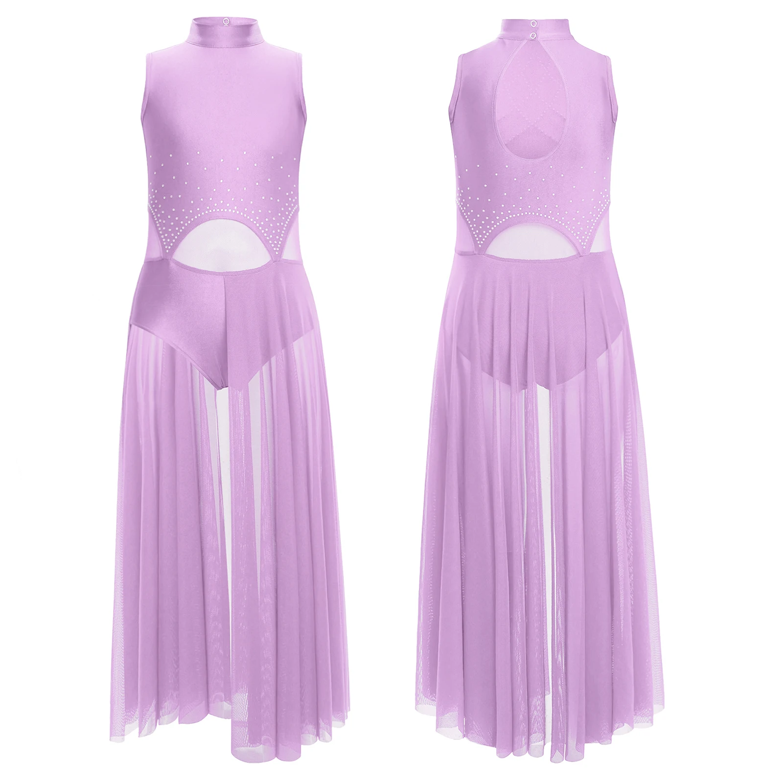 

Girls Elegant Sleeveless Lyrical Performance Dress Rhinestone Sheer Mesh Mock Neck Side Split for Modern Competition Stage Show