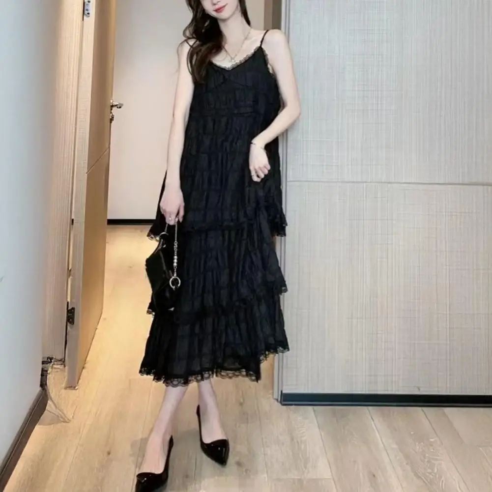 Women's Casual Loose V-neck  Lace Maxi Dress Summer Beach Vacation Long Dress Solid Color Loose