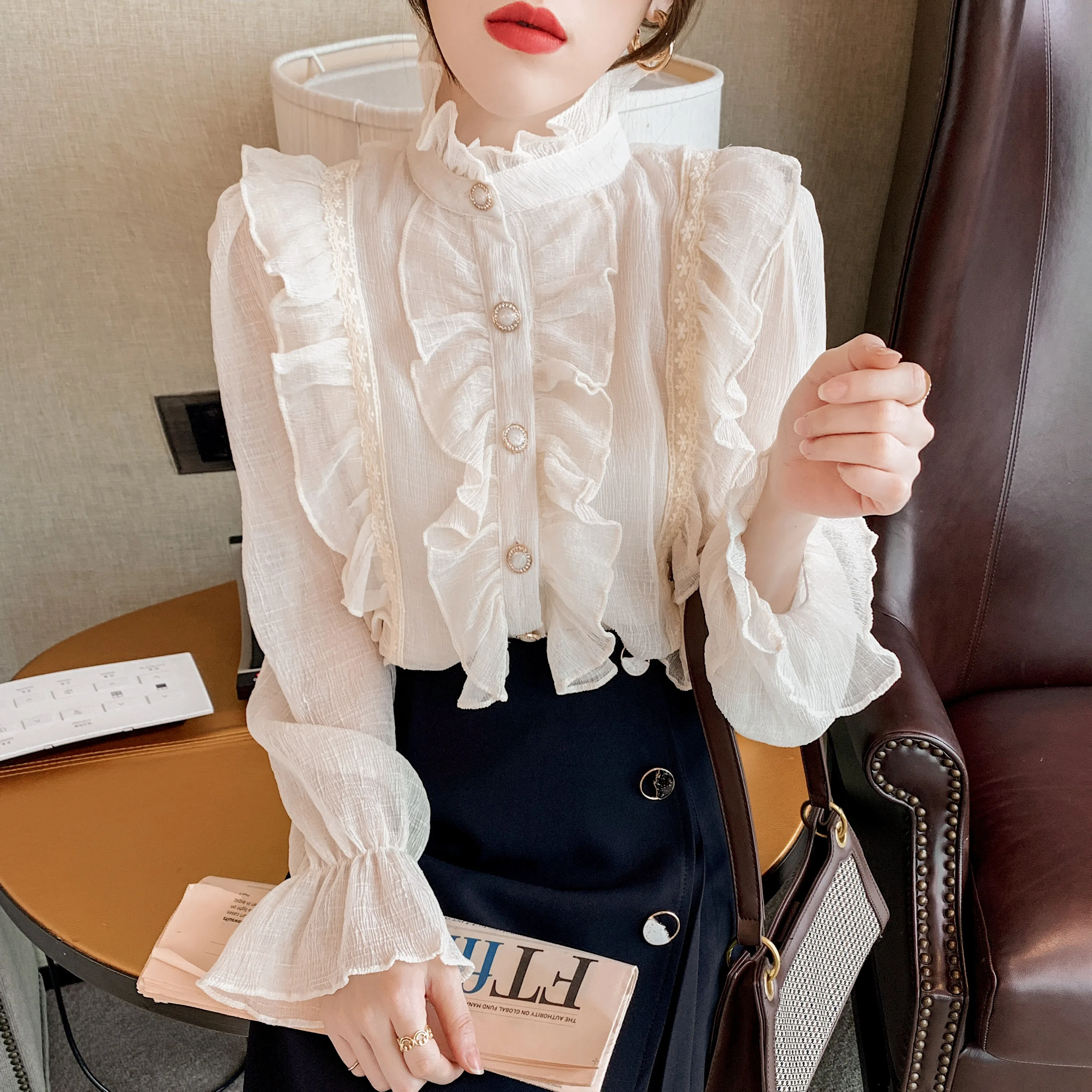 Tierred Ruflles Vintage Palace Shirts Women Chiffon Thin Tree Fungus Stand High Neck Blouse Lady Flounce Frill Steampunk Gothic