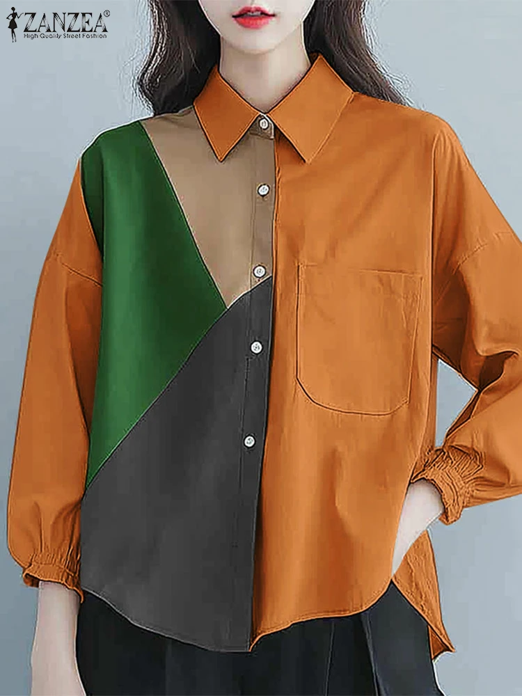 2024 ZANZEA Vintage Women Color Patchwork Shirt Autumn Casual Tunic Top Fashion Long Sleeve Turn Down Collar Loose Office Blouse