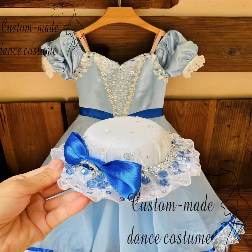 2025 New Graduation Ball Variations Ballet Dress Private Custom Blue Sparkling Diamond Lace Bow Long Yarn Dress