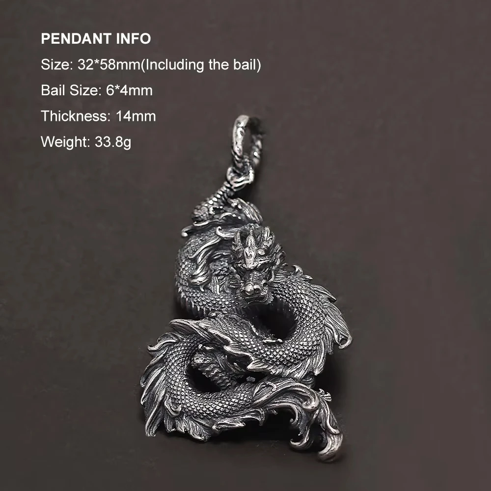 Solid 925 Sterling Silver Punk Dragon Pendant for Men Chinese Ethnic Style Domineering Loong Amulet Thai Silver Retro Jewelry