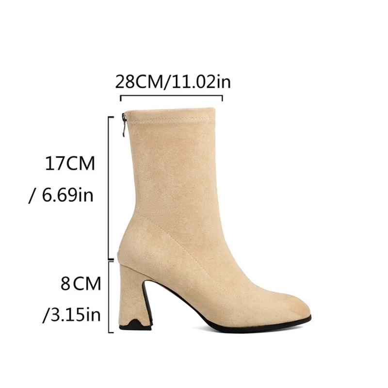 

ORCHALISA Fashion 8cm Chunky Heel Faux Suede Block Midcalf Boots Autumn Antislip Shoes Big Size 48 US17 Apricot Black