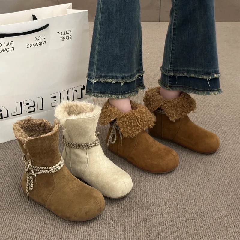 

Street Style Winter Women Fur Lining Snow Boots Concise Round Toe Slip On Shoes Ladies Comfort Warm Cotton Flats Short Booties
